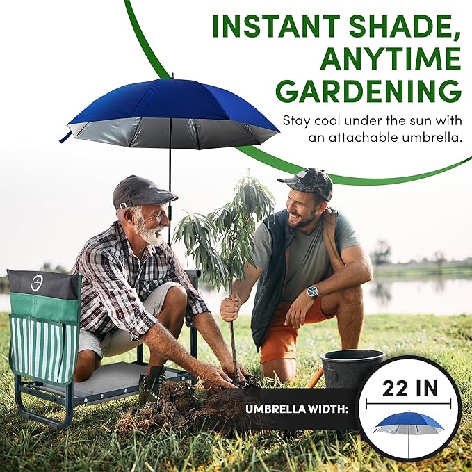 Garden Kneeler Seat Bench, Garden Kneeling Bench & Sunshade Umbrella, Ergonomic Handles, Folding Table, and Potting Mat, 10.2" Foam Knee Seat, Loading Capacity 330lbs - Gardening Gifts for Women, Men