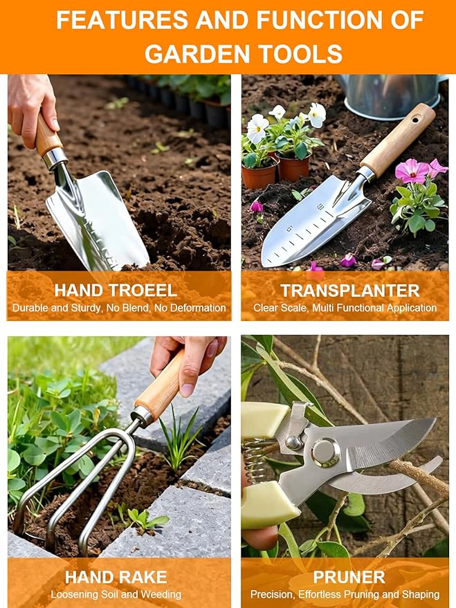 Gardening Tools Set 11 PCS, Heavy Duty Stainless Steel Garden Tool Kit with Large Garden Tote Bag & Apron, Durable, Ergonomic Hand Tool, Ideal Gardening Gift for Women, Men, Mom, Dad