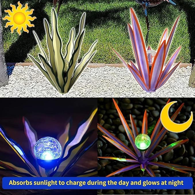 Metal Agave Plant Garden Art, 2 Pack Tequila Rustic Sculpture, Rustic Metal Agave Plants Garden Lawn Home Ornaments, for Yard Stakes, Garden Figurines, Outdoor Patio (2 PCS Purple with Light)