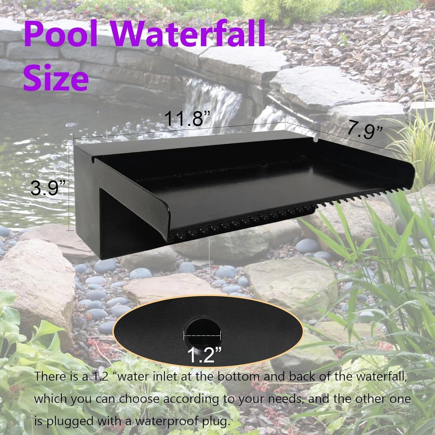 Pond Waterfall Spillway Pool Fountain Water Feature, Black Stainless Steel Outdoor Fountains, Swimming Pool Water Flow Waterfalls Kit for Garden Patio Ponds-11.8"x7.8"x3.9"(NO Light)