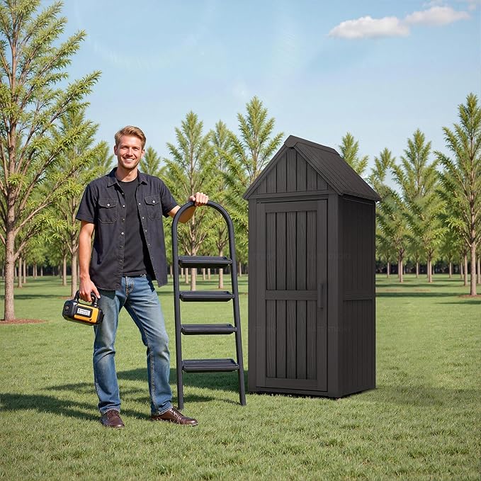 Storage Shed Outdoor,Waterproof Resin Garden Tool Shed, Heavy-Duty Weather-Resistant Cabinet for Patio, Backyard, or Garage (Deep Black)
