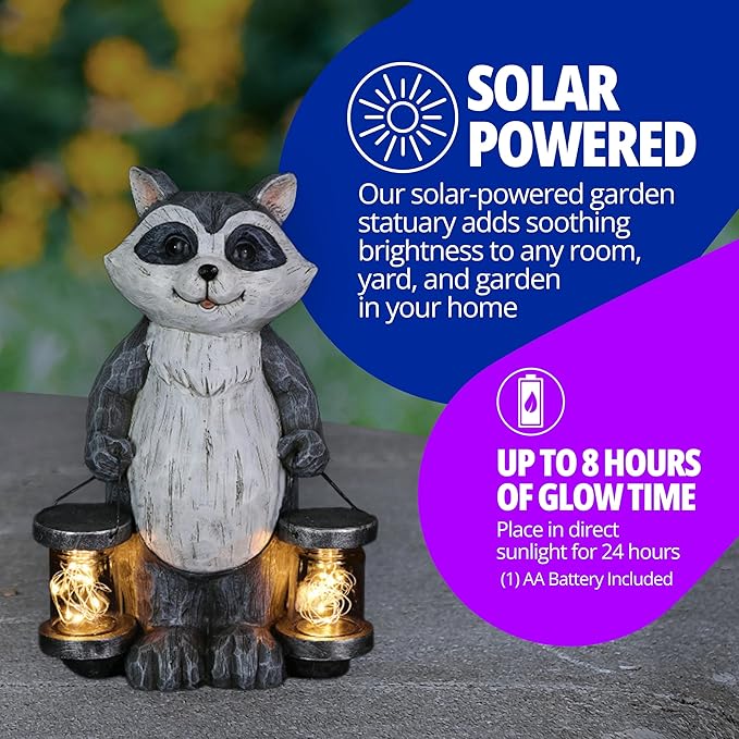 Exhart Garden Sculpture, Raccoon Solar Garden Statue with 2 Jars, 16 LED Firefly Lights, Outdoor Garden Decoration, 7.5 x 9 x 10.5 Inch