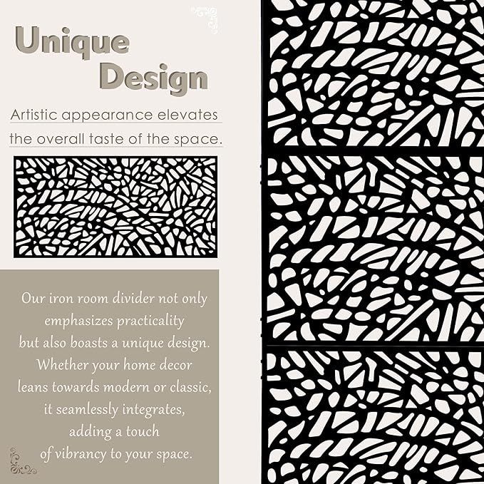 Kozyard Metal Privacy Screen 74" H x 47.2" W Decorative Outdoor Divider with Stand Panels Freestanding Screen Set for Deck Patio Balcony Garden Outdoor&Indoor(Black/Organic Fracture)