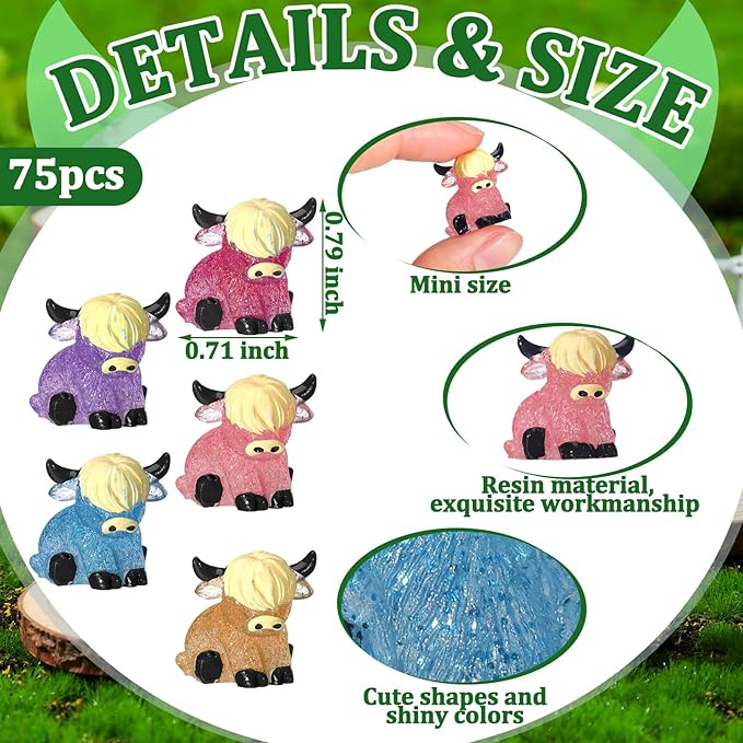 75 Pcs Mini Highland Cow Figurines Bulk Glitter Highland Cow Statues Mini Resin Animals Cute Tiny Resin Figures Animals Sculpture Ornament for Cake Topper Home Office Desk Decorations