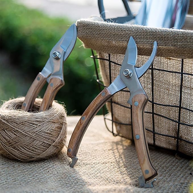 BUGUI 8” Wood Handle Garden Scissors, Set of 2, Includes Bypass Pruning Shears and Long Straight Tip Clippers, Premium Gardening Tools with Precision-Ground SK-5 Steel Blade