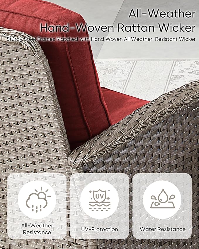 HUMMUH 2-Person Outdoor Glider Bench-All-Weather Wicker Patio Double Swing Rocking Chair Patio Loveseat for Deck Lawn Porch Balcony Poolside-Grey/Red