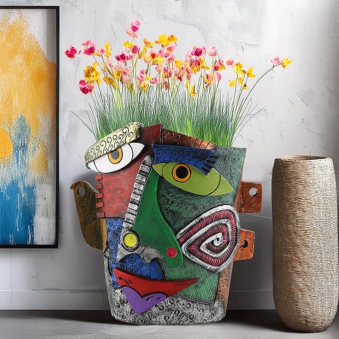 Picasso Flower Pot Colorful Face Art Abstract Resin Flower Pot Unique Face Flower Pot Head Planter for Indoor Outdoor Plants Patio Home Art Decoration (Frown)