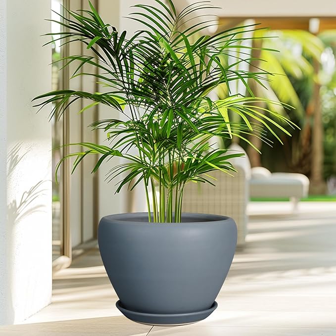 10 Inch Plant Pot - Ceramic Planter for Indoor Plants Large Plant Pot with Drainage Hole and Saucer Round Outdoor Planter Modern Flower Pot for Home Decor Gray