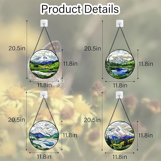 Stained Glass Window Hanging 4 Pcs Set Mountains Lake Green White Landscape Large 11.8" - Suncatcher Door Garden Sun Catcher Decor Birthday Christmas for Mom Woman Nana Men