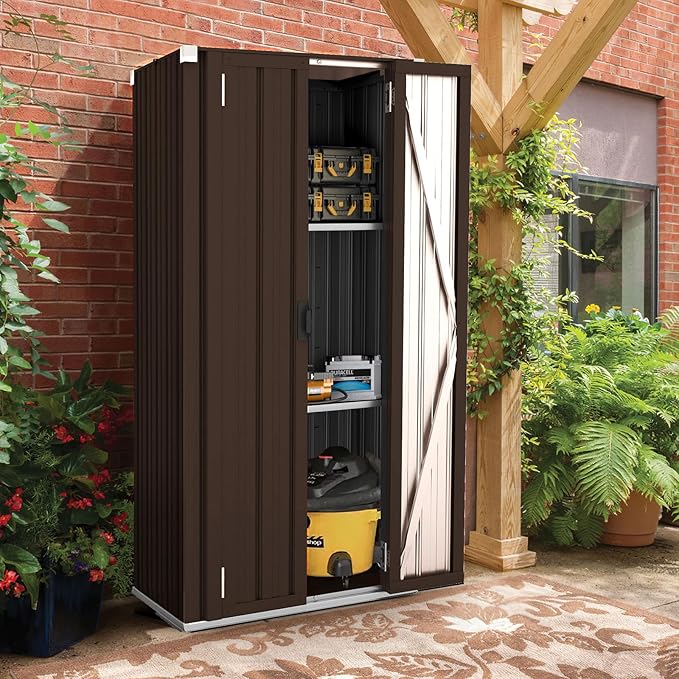 AECOJOY Outdoor Storage Cabinet Waterproof with Shelves, Vertical Tall Garden Outdoor Cabinet, Sheds & Outdoor Storage Clearance Cabinet Weatherproof for Outside in Brown