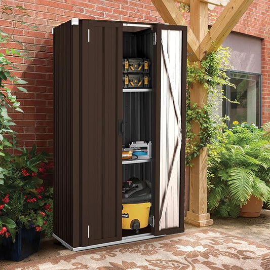 AECOJOY Outdoor Storage Cabinet Waterproof with Shelves, Vertical Tall Garden Outdoor Cabinet, Sheds & Outdoor Storage Clearance Cabinet Weatherproof for Outside in Brown