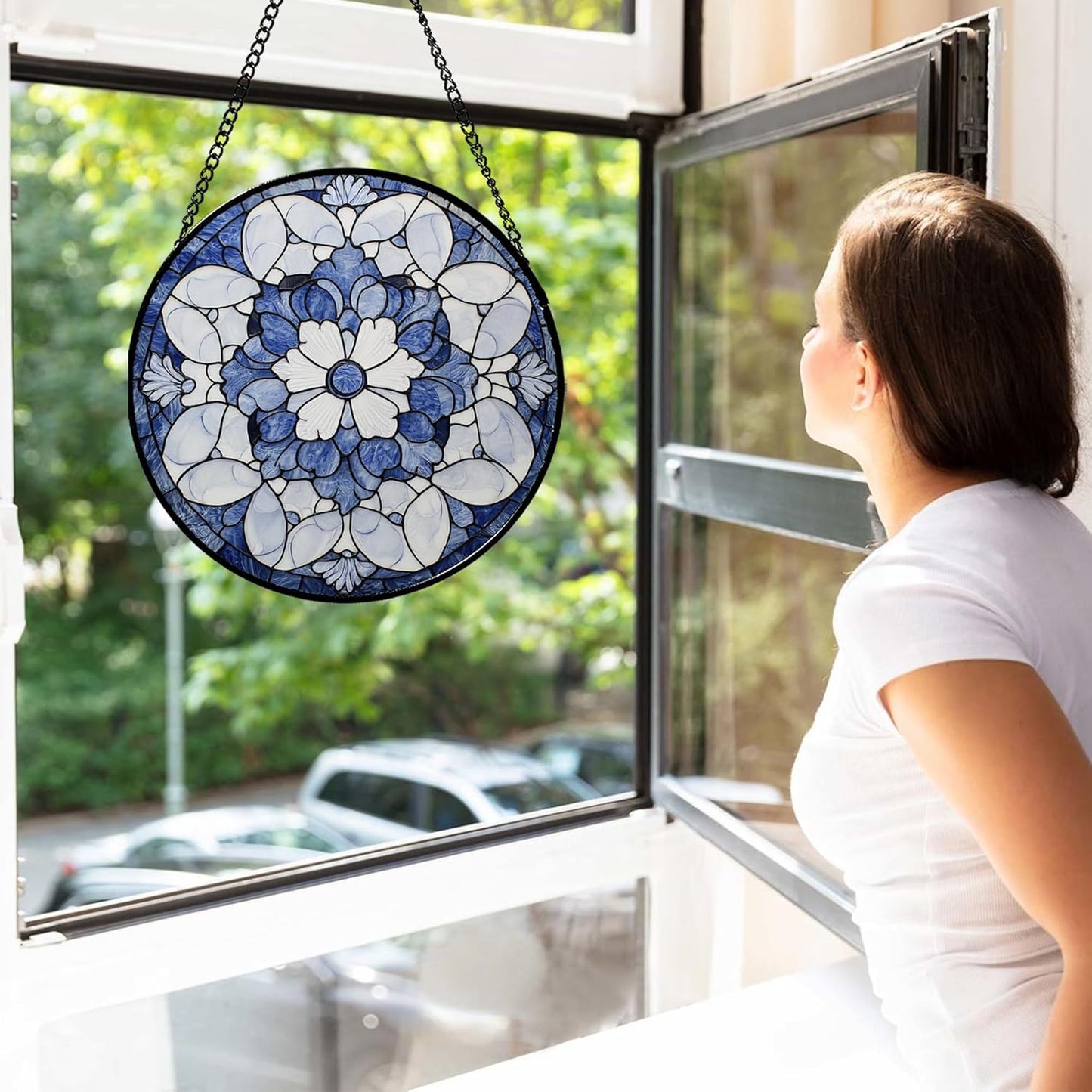 Stained Glass Window Hanging - Blue White Floral Pattern Suncatcher for Doors Garden Retro Sun Catchers Decor Christmas Mother's Day Birthday Gifts for Women Men Mom Nana Friend Girl 9.8 in