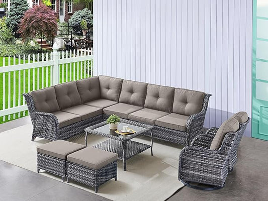 HUMMUH 9 Piece Patio Furniture PE Wikcer Outdoor Furniture Set with Sectional Sofa Swivel Patio Chairs Ottomans and Glass Coffee Table for Yard,Garden,Lawn