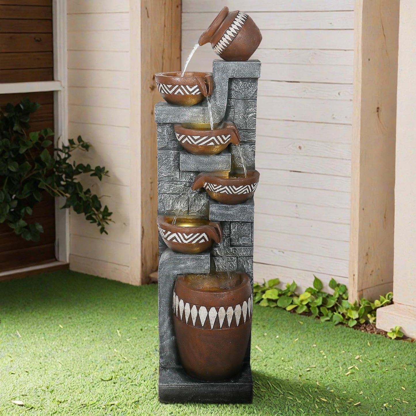 56.6" H 6-Tier Outdoor Water Fountain with LED Lights - Tall Cascading Jars Waterfall Feature with Tribal-Inspired Design for Garden, Patio, Yard, and Home Décor