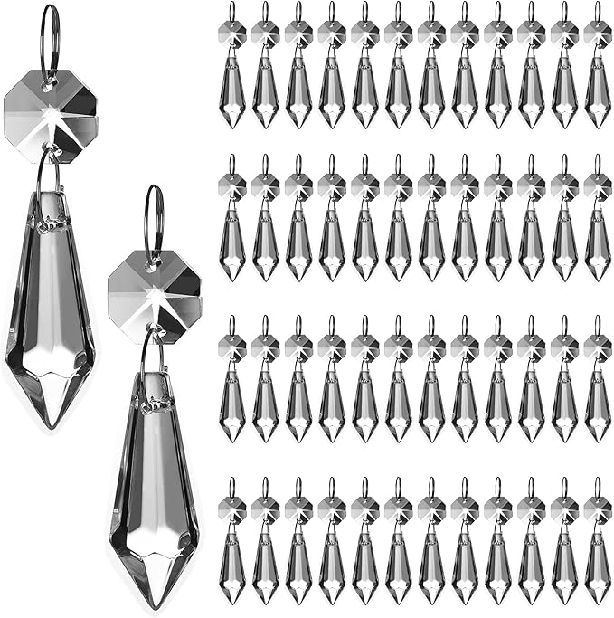 HDCRYSTALGIFTS Clear Chandelier Icicle Crystal Prisms Octogan Glass Bead for Lamp Decoration,Pack of 50 (38mm&Silver Circle Clips)