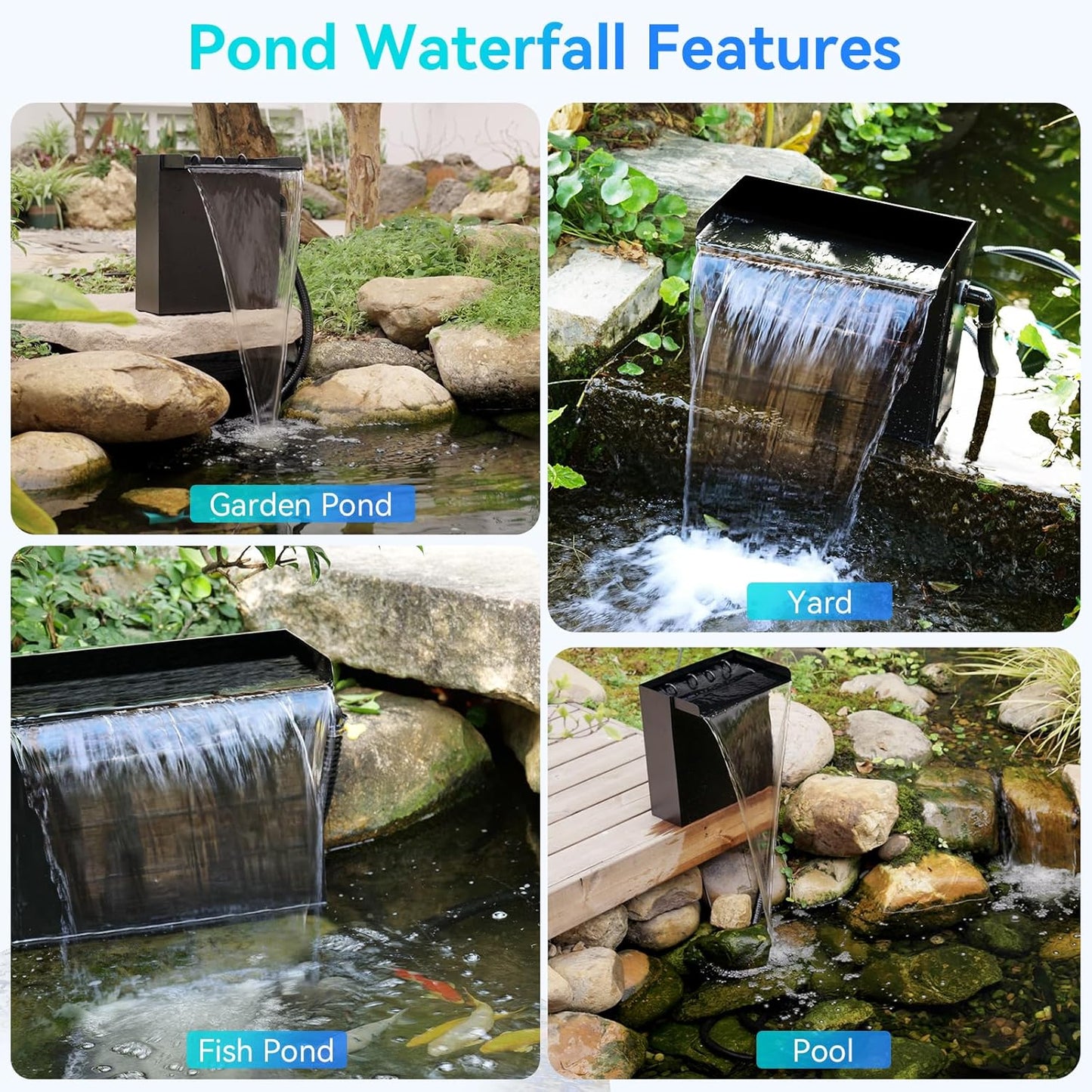 POPOSOAP 70W Pond Waterfall Spillway with Water Pump, 304 Stainless Steel Waterfall Kit with 9.8FT Corrugated Tube, Pond Waterfall Box for Outdoor Pond Waterfall Setup Waterfall System Garden Decor