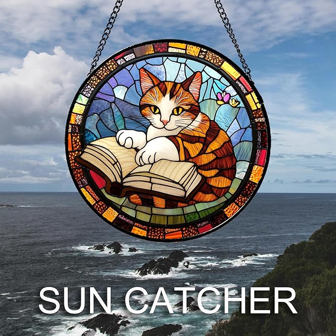 Stained Glass Window Hanging Little Cat Reading Large 15" - Suncatcher Door Garden Kitchen Sunroom Sun Catcher Home Decor Birthday for Lost Pets Mom Grandma Men Woman Friend