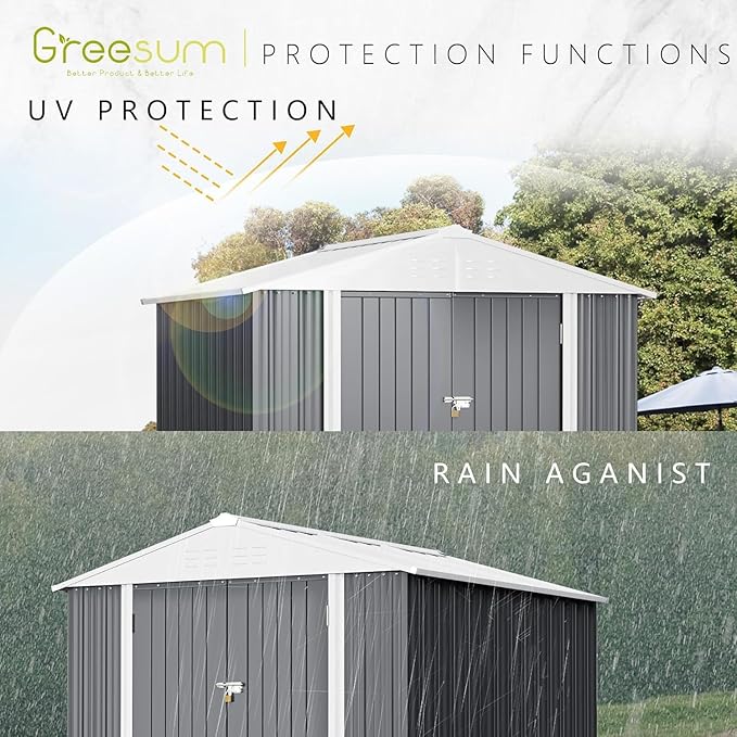 Greesum 8x6FT Outdoor Storage Shed, Utility Tool Shed with Sloping Roof, Metal Storaged Garden Shed with Door & Lock for Patio Storage, Gray