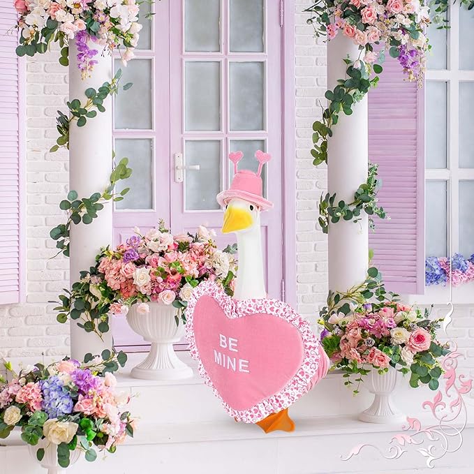 Valentine Goose Outfits Pink Heart Porch Goose Outfit Lawn Porch Goose Clothes Fits 23" Cement Plastic Goose Statue for Valentine's Day Outdoor Garden Yard Patio Art Decor (Pink)
