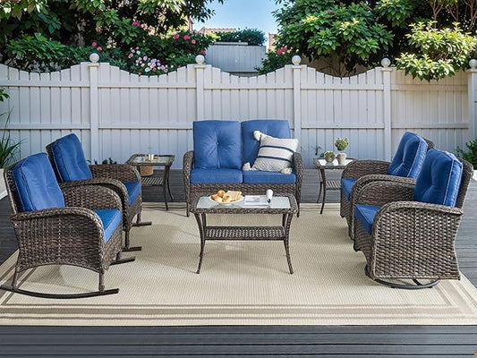 HUMMUH Patio Furniture 7-Piece Outdoor Conversation Set,All-Weather PE Wicker Loveseat Swivel and Rocking Chairs,Tables for Backyard,Poolside,Deck