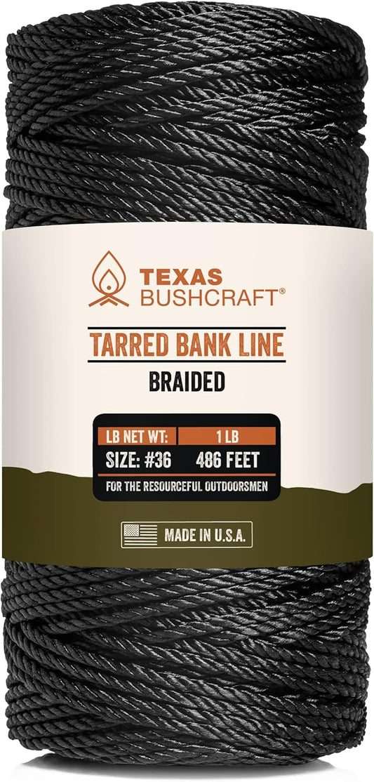 Texas Bushcraft Tarred Bank Line Twine - #36 Black Nylon String for Fishing, Camping and Outdoor Survival – Strong, Weather Resistant Bankline Cordage for Trotline