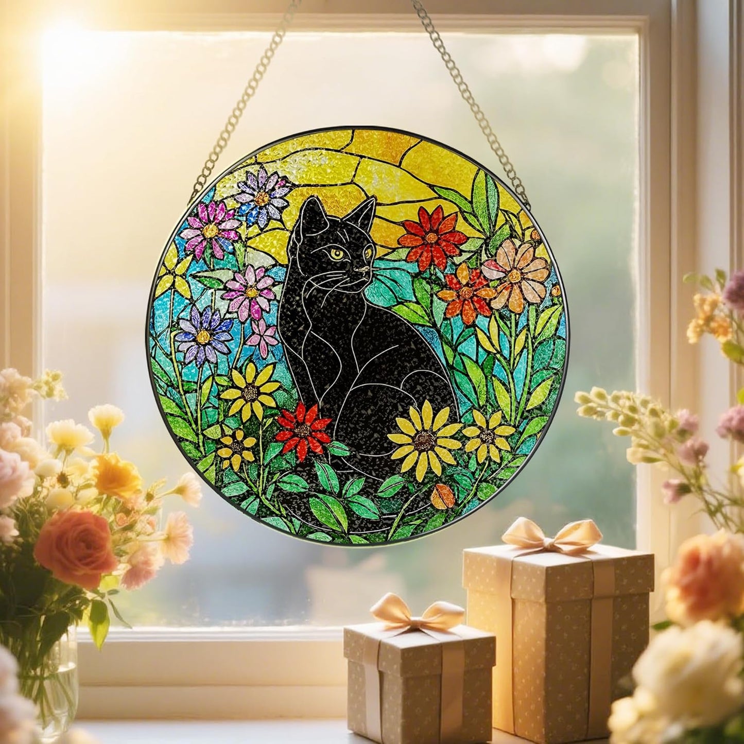Black Cat Stained Glass Window Hanging, 8 Inch Sun Catchers Indoor Window, Suncatchers for Windows Hanging, Home Decor and Christmas, Festival, Mother's Day, Birthday, Gifts for Women, Men, Cat Lovers