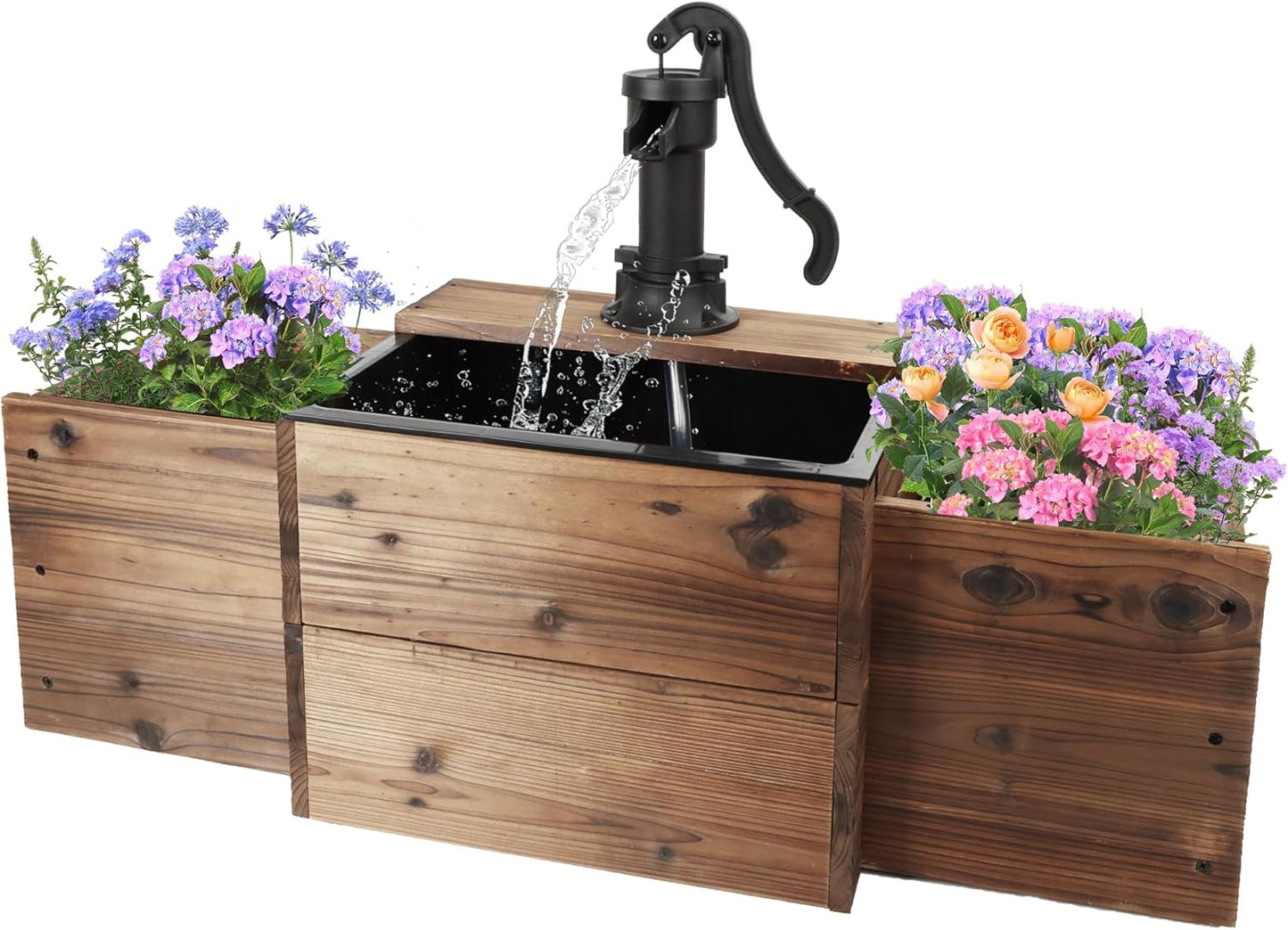 Outdoor Water Fountain,Floor Wooden Rectangular Pump Old-Fashioned Fountain with Flower Box,Electric Decorative Hand Pump, Outdoor Water Feature for Garden Patio Backyard