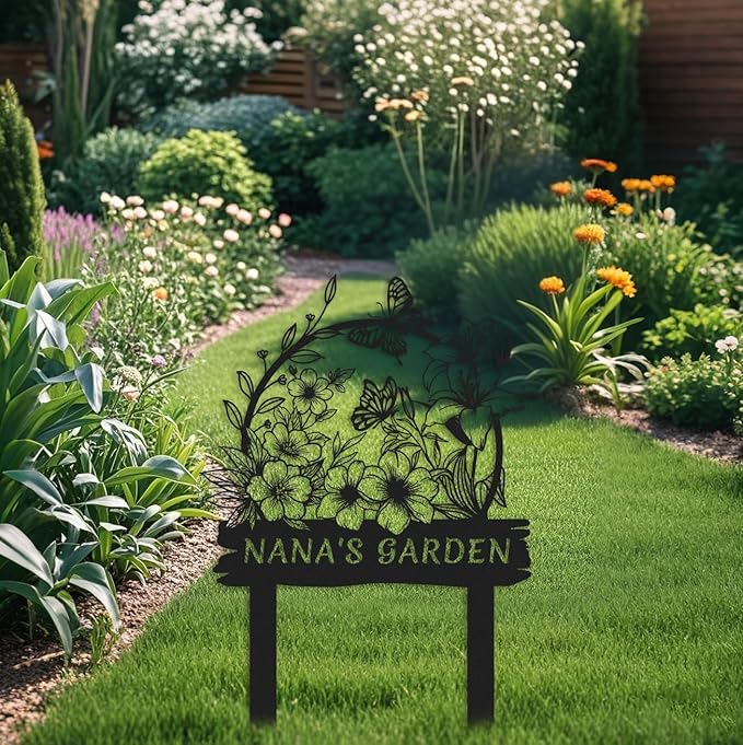 Personalized Metal Flower Garden Sign with Stake,Butterfly Garden Decor for Outdoor,Patio Yard Decor,Gifts for Gardeners style 7