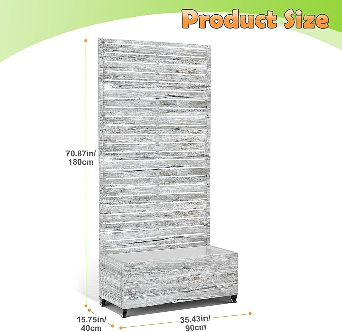 Metal Raised Garden Bed with Trellis, 2-in-1 Planter Box & Privacy Screen for Climbing Plants, Outdoor Standing Flower Bed with Drainage Holes, 35.4" L x 15.7" W x 70.1" H, White Oak Grain