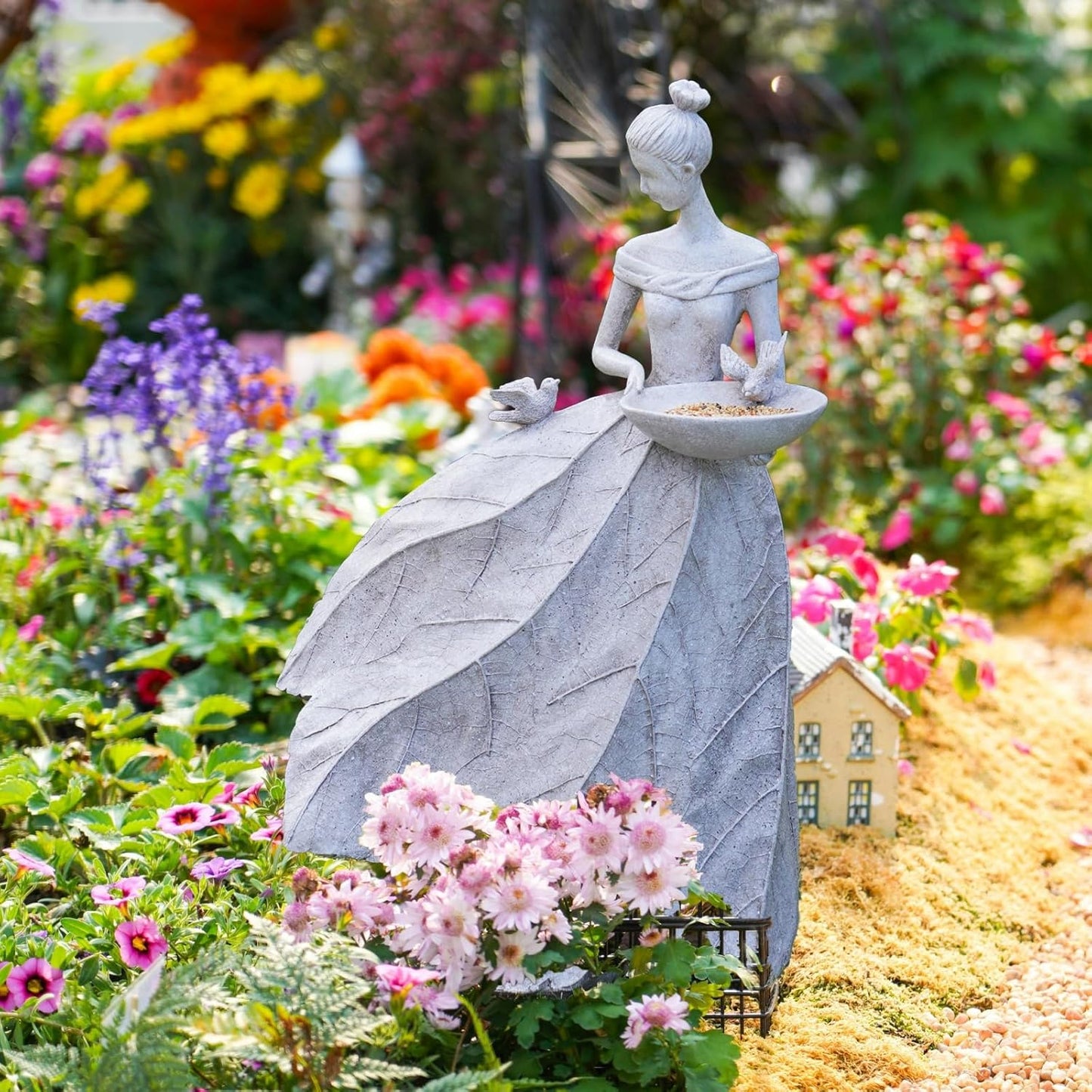 Fairy Garden Statue Bird Feeder - 23-inch Large Sculpture for Outdoors Statues Bird-Bath Yard Decorations Fairy Garden Statue Grey White DiliComing