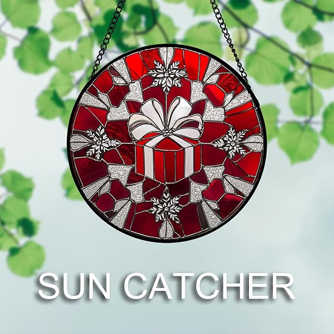 Stained Glass Window Hanging 4 Pcs Set Red Christmas Decorations Theme Large 11.8" - Suncatcher Door Garden Sun Catcher Decor Birthday for Mom Woman Nana Men Friend Wife