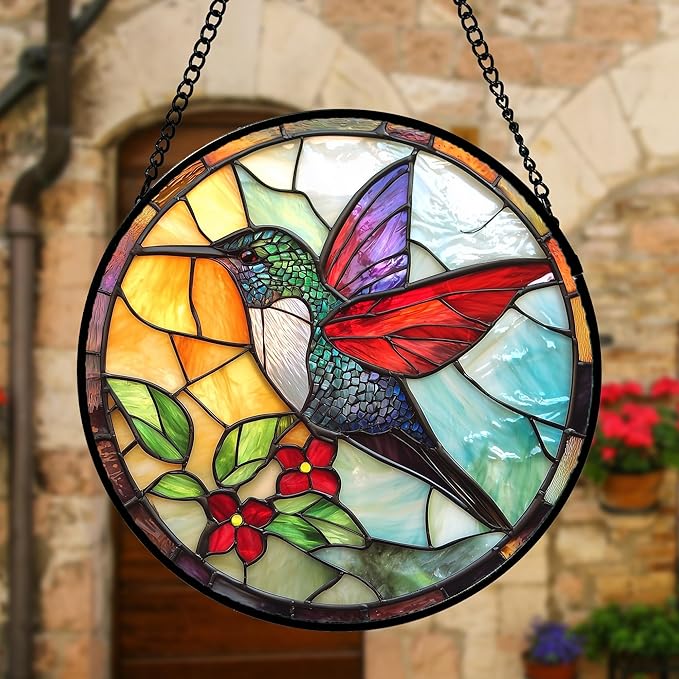 Stained Glass Window Hanging, Hummingbird Gifts Sun Catchers Diamond Glass Panel Hangings Birds Suncatcher Decor for Birthday for Women, Men, Wife, Aunt, and Mom 11.8x11.8 in