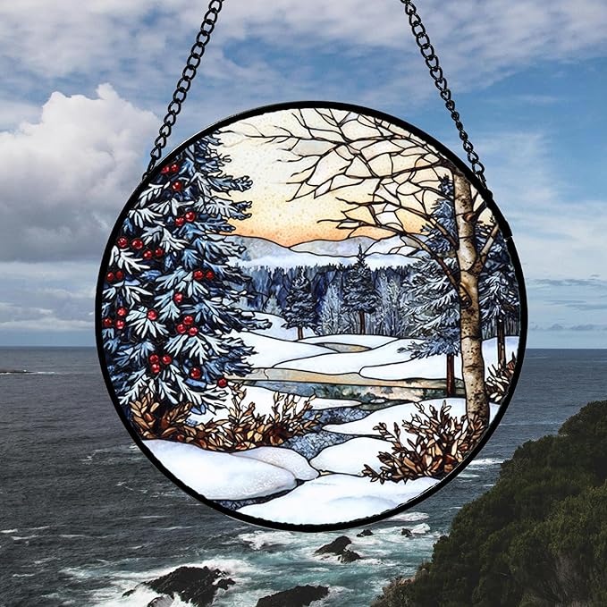 Stained Glass Window Hanging, Winter Snow Landscape Suncatcher Diamond Glass Panel Sun Catchers Decor for Birthday for Women, Men, Wife, Aunt, and Mom 14.9 in