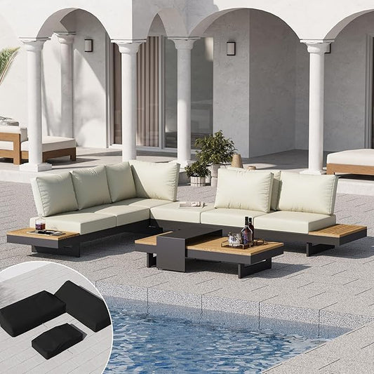 homary 6 Piece Aluminum & Teak Outdoor Sofa Set, Patio Conversation Sets Modular Outdoor Sofa with Covers, Waterproof, Fade Resistant Cushions Ideal for Patios & Balconies, Beige