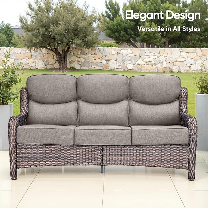 Swivel Patio Chairs sofa Set of 4 with 6" Thick Cushion - Wicker Outdoor Swivel Rocker Patio Chair ,Sofa/Glass coffee table, High Back Comfortable Outdoor Glider Chairs - Brown Wicker Grey Cushions