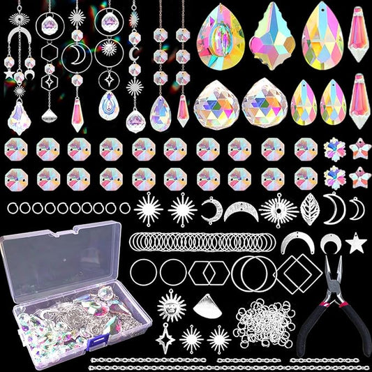 ilclviz DIY Suncatcher Making Kits Colorful Suncatcher Crystals Kit Supplies for Adults 200pcs DIY Suncatcher Prism Kit for Indoor Outdoor Window Hanging Garden Decor (Silver)