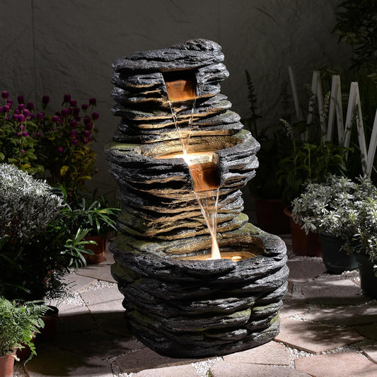 28.8” Tall Rock Water Fountain Outdoor Garden, 3-Tiers Cascading Rock Natural Waterfall Fountains with LED Lights, Indoor Resin Water Feature Fountain for Patio, Garden and Backyard, Deck, Porch, Home