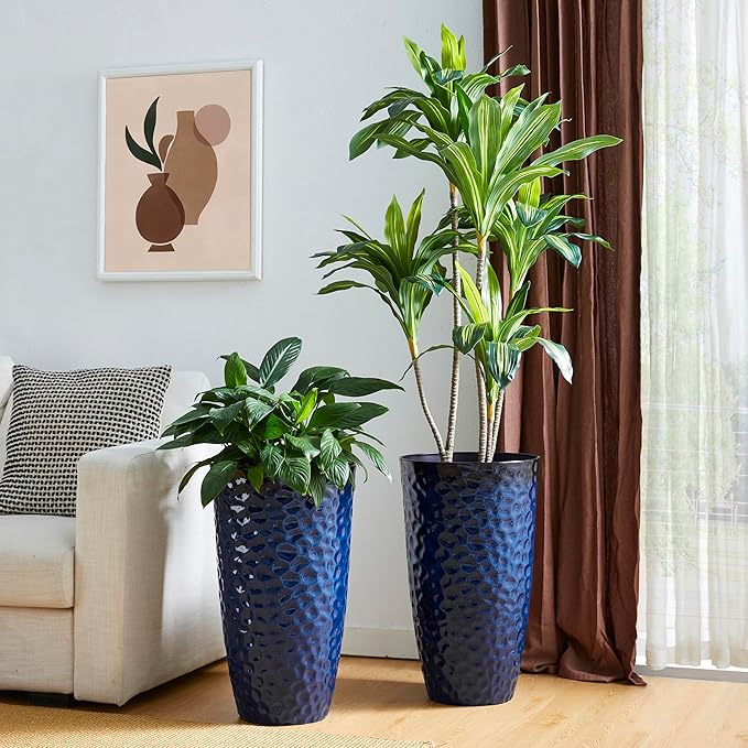 Glitzhome Set of 2 Tall Plastic Planters 23.75"H Eco-Friendly Honeycomb Textured Outdoor Indoor Garden Pots for Porch Patio, Large Modern Deck Plant Container with Easy Knock-out Drainage Holes, Blue