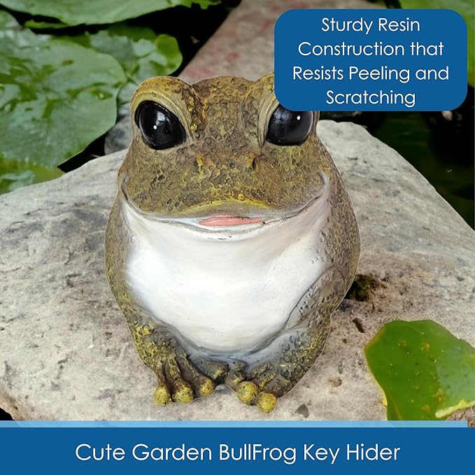Stocky Frog Decorative Garden Statue and Key Hider - Hides a Secret Extra Hidden Key Outside in Garden, Yard or Porch