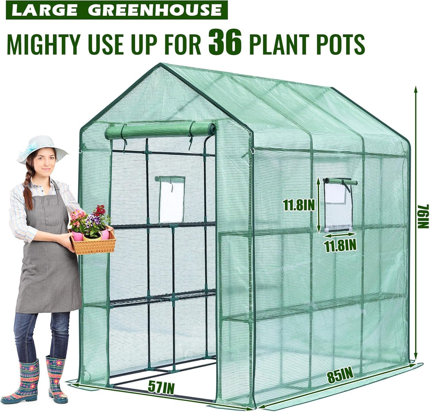 Greengro Greenhouse, 57 x 85 x 76'' Greenhouses for Outdoors, Portable Greenhouse Kit with Mesh Side Windows, PE Cover, 8 Shelves, Heavy Duty Walk in Green House for Backyard Garden Indoor Outside