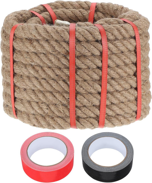 MECCANIXITY Jute Rope 0.9 Inch x 44ft, Thick Twine Rope Ropes Braided Jute Twine Natural Brown Burlap Cord String Heavy Twisted with Tapes for Decorative Crafts Railing Swing Tug of War