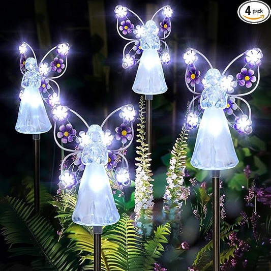 GIGALUMI Solar Angel Garden Stake Lights - 4 Pack Angel Solar Lights Outdoor Garden, Eternal Light Angel with 7 LEDs for Cemetery Grave Decorations, Memorial Gift, Christmas Yard Art, Sympathy Gift