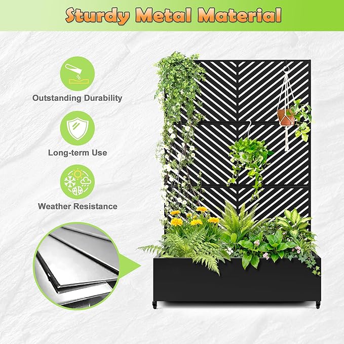 Metal Raised Garden Bed with Trellis, 2-in-1 Planter Box & Privacy Screen for Climbing Plants, Outdoor Standing Flower Bed with Drainage Holes, 47.2" L x 16.7" W x 70.8" H, Black-Parallel