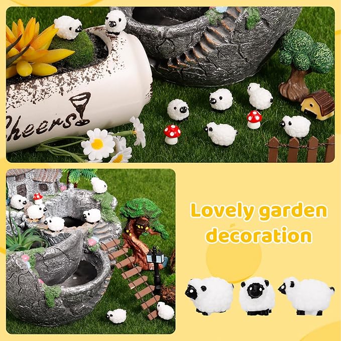 100Pcs Mini White Sheep Miniature Resin Sheep Figurines Cute Little Figurines Fairy Outdoor Moss Ornaments Landscape Figurines Garden DIY Ornament Accessories for Indoor Outdoor