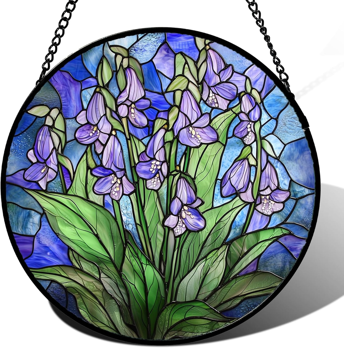 Stained Glass Suncatcher, Blue Purple Flowers Green Leaves Sun Catcher Plants Stain Glass Window Hanging Decoration Mother's Day Birthday Gifts for Women Men Mom and Nana 7.8 in