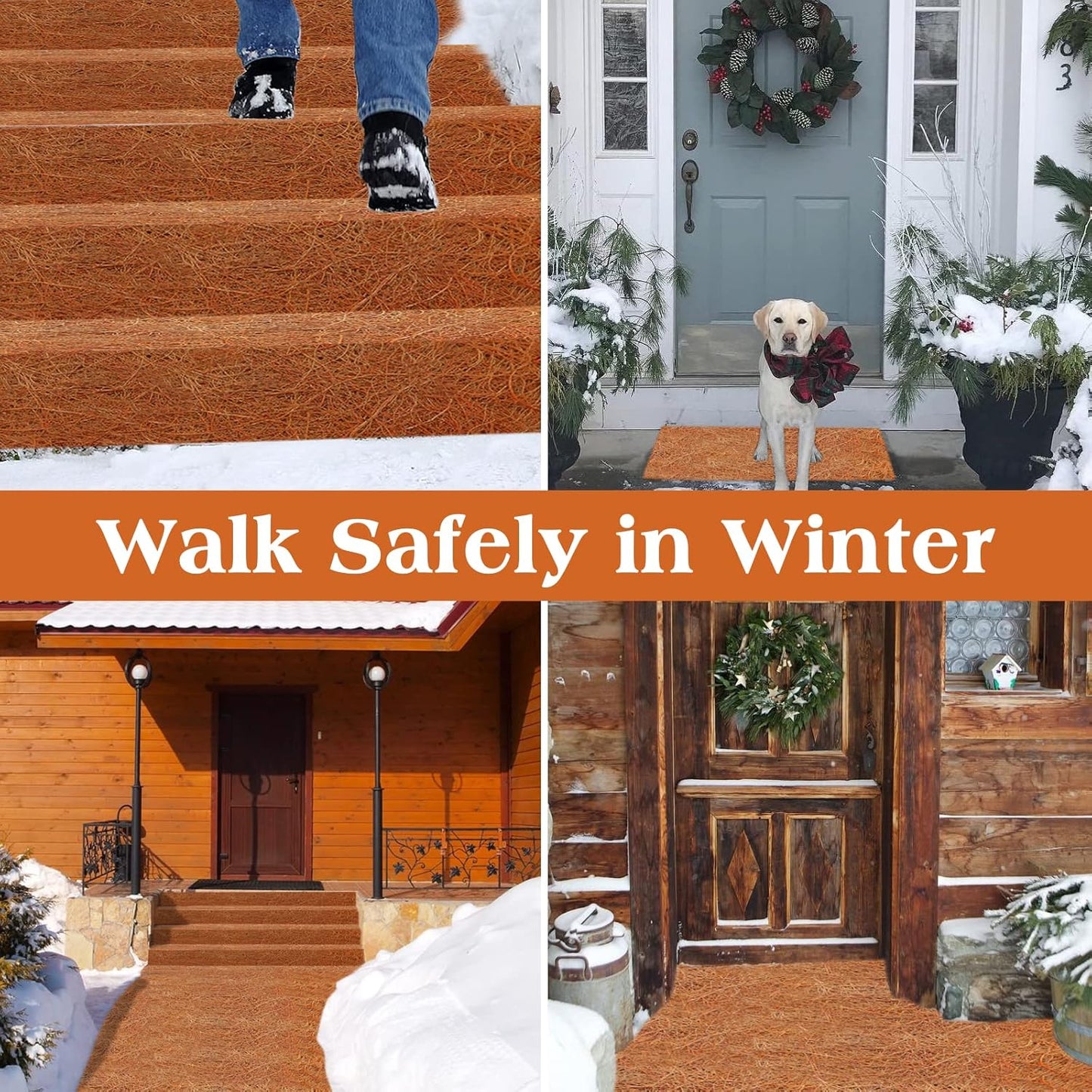 ZeeDix 4 Pack No-Slip Ice and Snow Carpet Mats-16 x 80 x 0.28 Inches Thickened Outdoor Carpet Runner Snow Mats, Coconut Fiber Carpet for Garden, Doorway, Stairs, Porch Outdoor Safer Walking