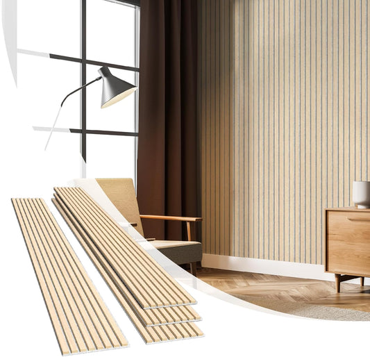 Olanglab Wood Slat Wall Panels, Wooden Wall Panels, 94.5"x12.6" Each 3D Wall Panels for Interior Wall Decor, 4 Pack in Total 94.5"x50.4" (Light Oak-Grey Felt)