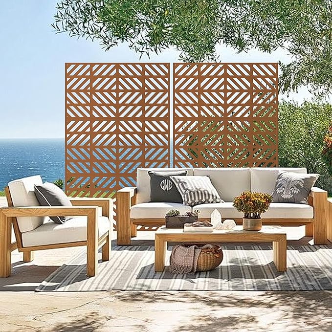 Heavy-Duty Outdoor Privacy Screen for Patio, Balcony, Backyard - 72" H * 44" W Metal Room Divider with Geometric Pattern, Anti-Tipping Kit, Weather Resistant, Easy Assembly (Raw Umber-FGXPF)