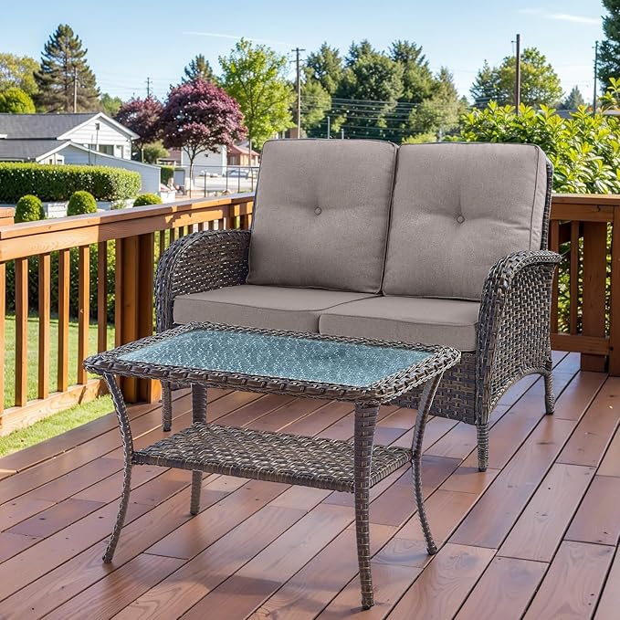 HUMMUH 4-Piece Patio Furniture Wicker Outdoor Conversation Set,All-Weather Rattan Outdoor Sofa Set Patio Chairs Coffee Table for Backyard,Porch,Deck