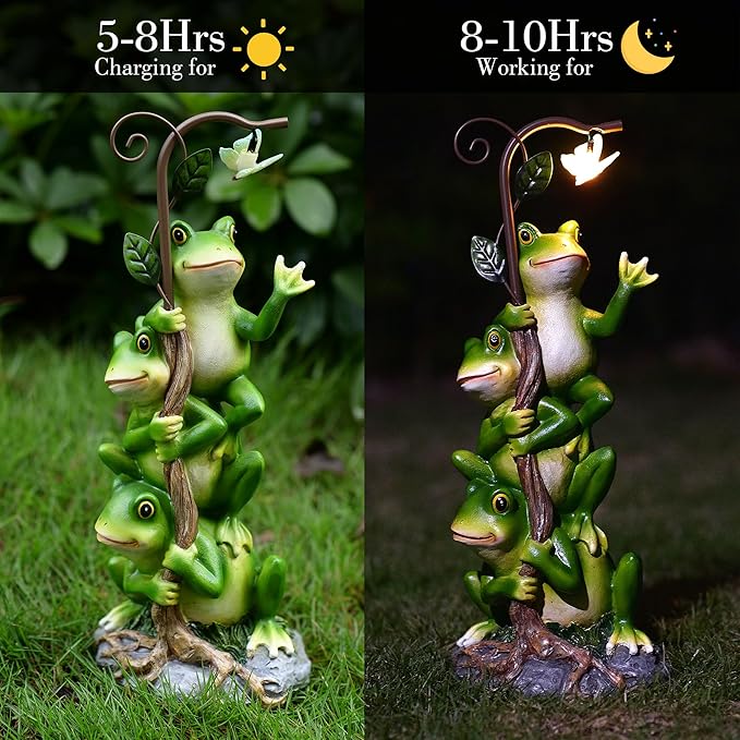 Frog Figurine Garden Decor, Solar Resin Frogs Outdoor Statue, Funny Frog Gift Sculpture Decoration for Home Patio Yard Lawn Porch Ornament